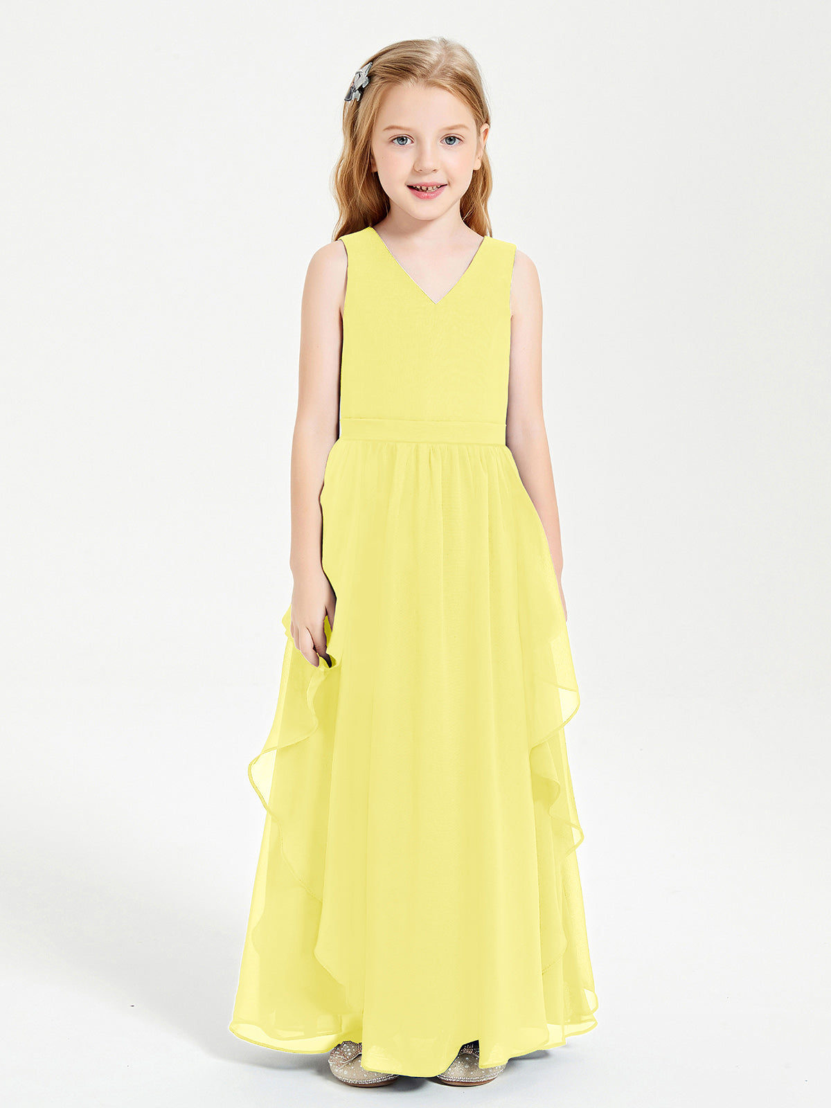 Boho Sleeveless Junior Chiffon Bridesmaids Gown Lemon